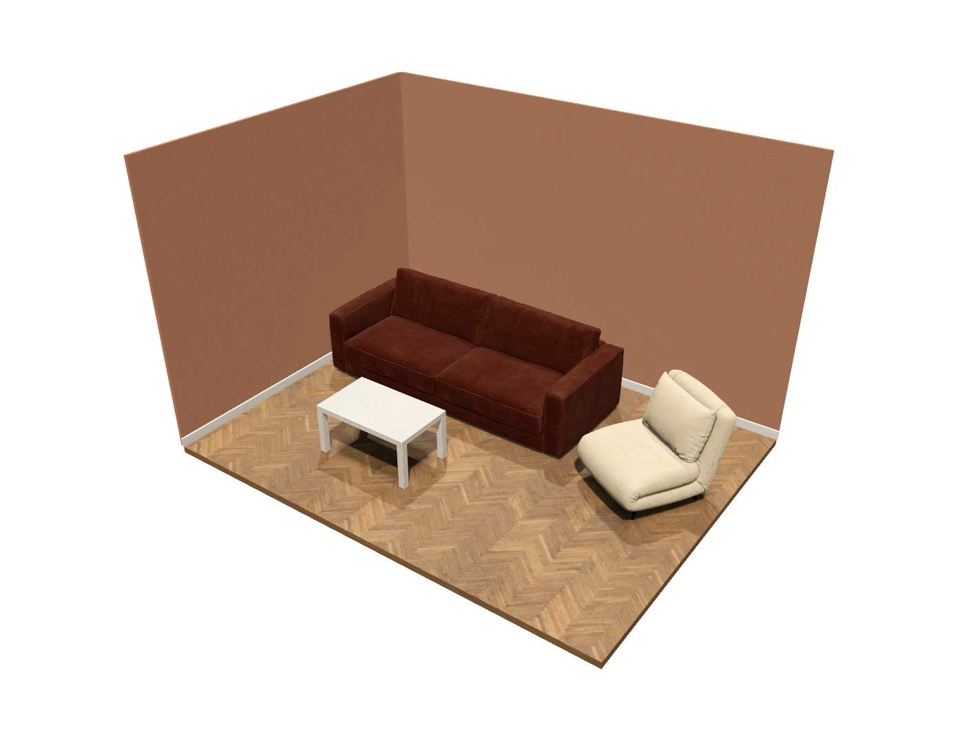 Meeting demo with its herringbone floor, rendered in Koini